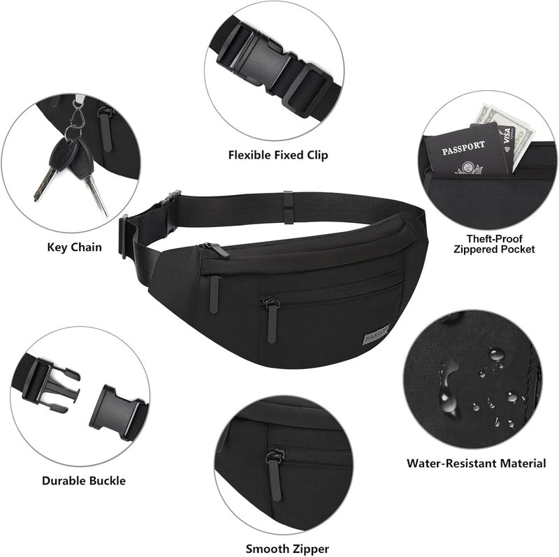 Maxtop Large Crossbody Fanny Pack Waist Pack with 4-Zipper Pockets Hiking Travel Essentials for Women Men Belt Bag, for Hiking Running Travel Cycling,Black - Image 4